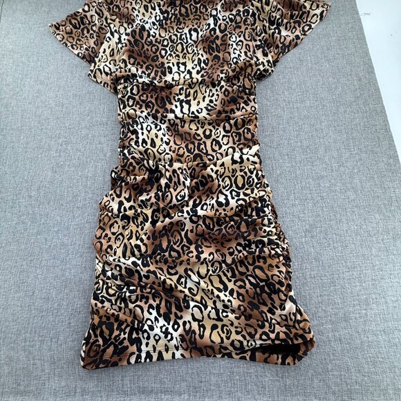 Delusional Mini Bodycon‎ Sexy Dress Animal Print Ruched Small Flutter Sleeves - Picture 5 of 11